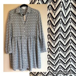 NEW! EMMA & ELLA M/L Long Sleeve Button Front Dress Gray Black Ivory Chevron